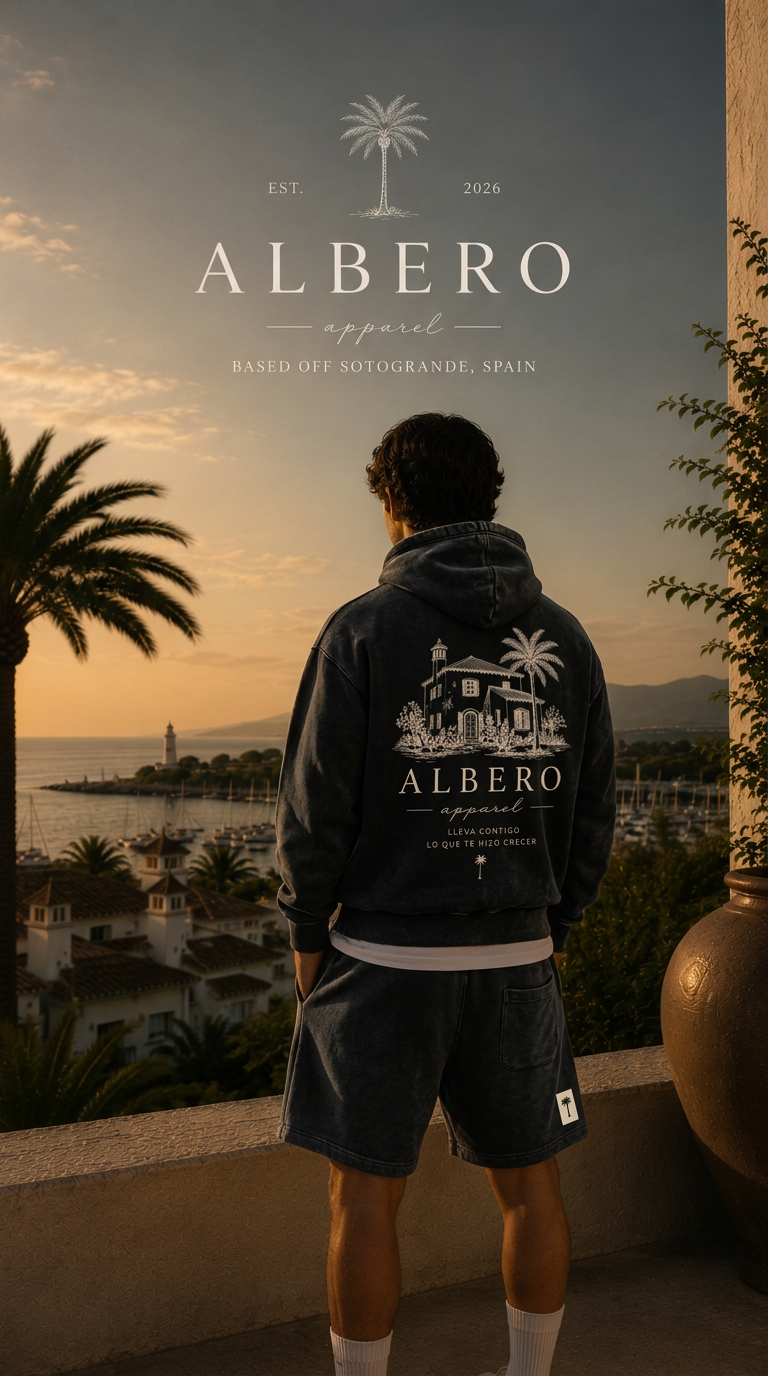 Albero Apparel hero — Sotogrande sunset with signature hoodie and shorts